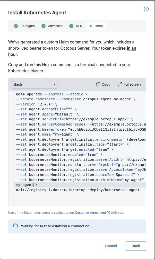 Kubernetes Agent Wizard Helm command Page